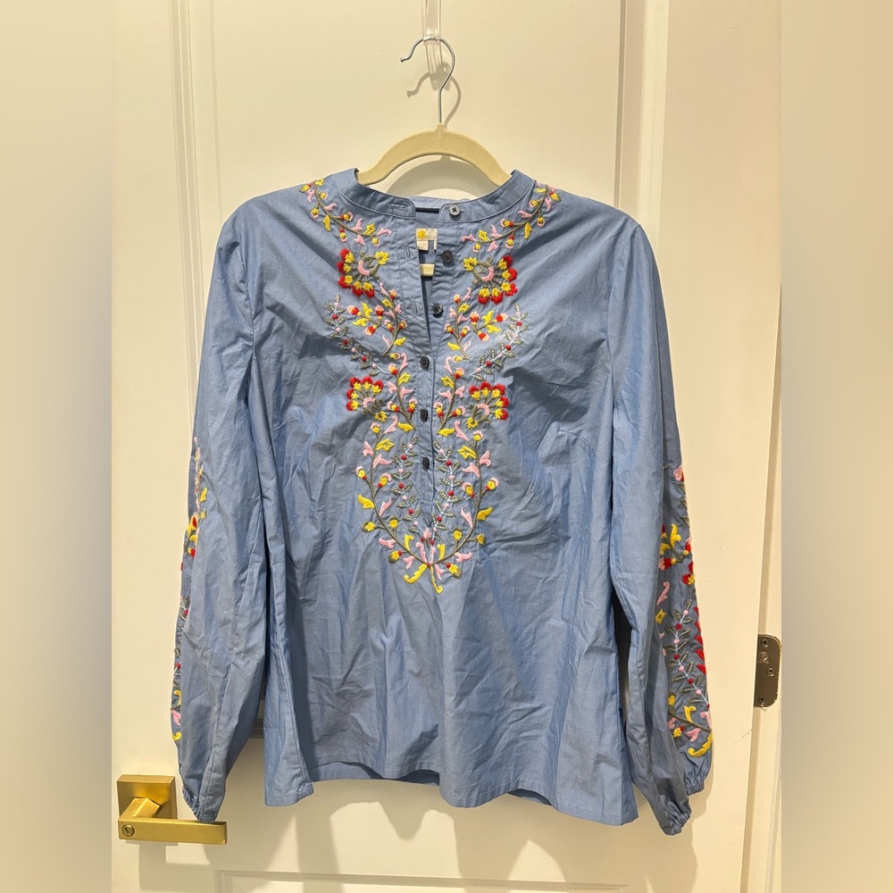 Boden Light Blue Boho Top with Floral Embroidery